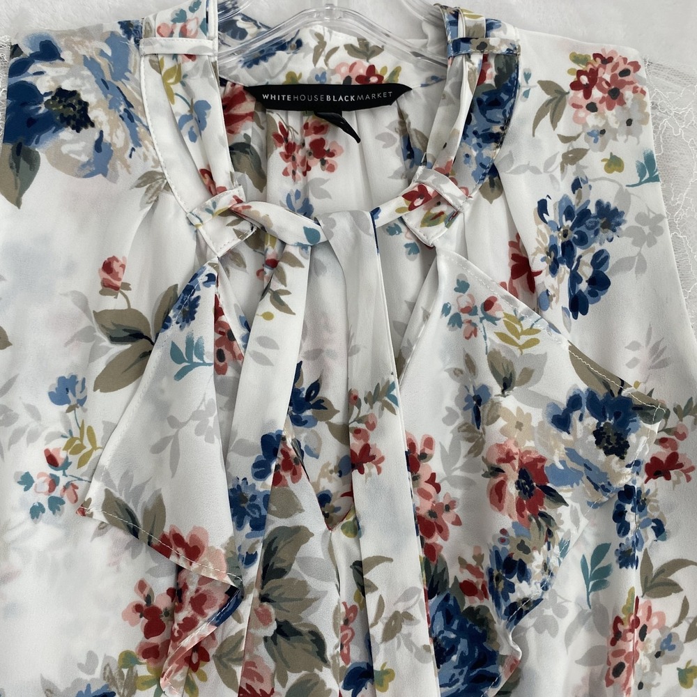 2/$30 WhiteHouseBlackMarket Blouse Sz S‎ White Floral Sleeveless Dressy Neck Tie - Picture 4 of 13